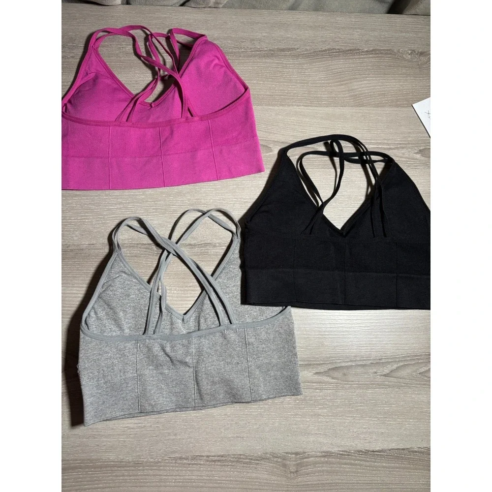 Steve Madden Padded Ribbed Seamless Bralette 3 Pk Strappy Back Pink Black Grey M